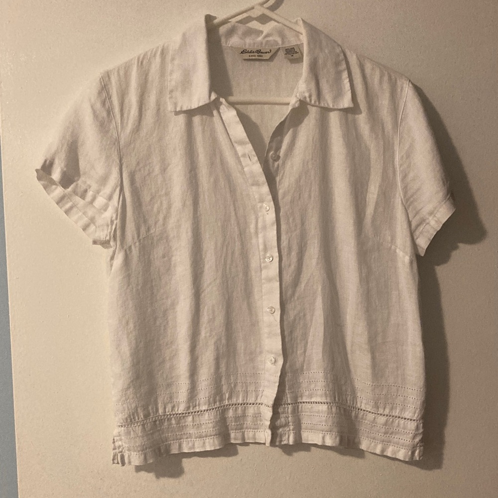 Eddie Bauer White Short-Sleeve Linen Button-Up Shirt
